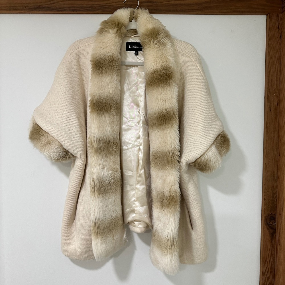 LUXE by Irina Faux Fur Trim Knit Cardigan Sweater Women Large‎ Cream Wool Blend